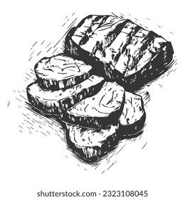 Hand drawn beef, lamb and pork extra or medium rare steak. Grill restaurant design template. vector illustration Engraved design set.
