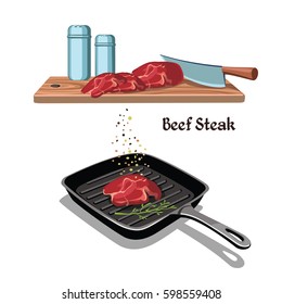 Hand drawn beef steak cooking concept with meat frying on pan butcher knife and spices isolated vector illustration