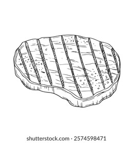 Hand drawn beef steak grilled in sketch style. Roast meat, grill food, barbecue. Vintage vector illustration