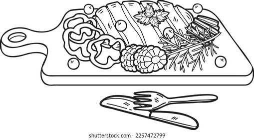 Hand Drawn beef steak on a wooden chopping board with knife and fork illustration in doodle style isolated on background