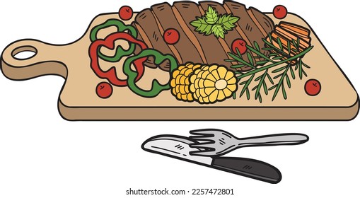 Hand Drawn beef steak on a wooden chopping board with knife and fork illustration in doodle style isolated on background