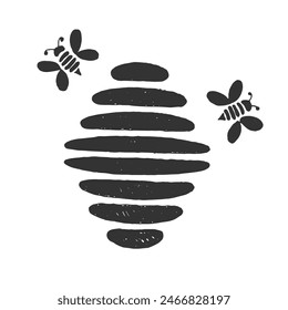 Hand Drawn Beehive with Bees Black and White. Nature and insects concept vector art