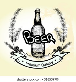 Hand drawn beer bottle label, malt and badge with texts 'Premium quality' and 'Beer' in black color on beige grunge background