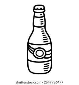 Hand drawn beer bottle line icon. Simple comic style black and white beer doodle, cartoon vector illustration.