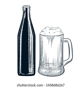 Hand drawn beer bottle and beer mug. Engraving style. Vector illustration isolated on white background