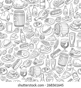 hand drawn beer bottles and bar food, seamless background