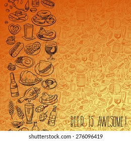 hand drawn beer bottles and bar food, seamless background