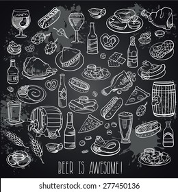 hand drawn beer bottles and bar food