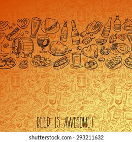 hand drawn beer bottles and bar food, seamless background