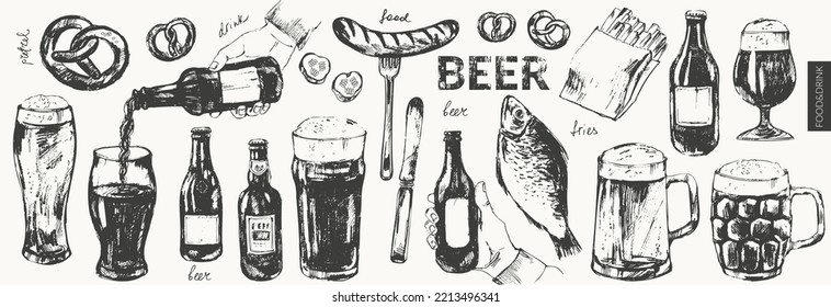 Hand drawn beer bottles, glasses, mugs, beer snack, pretzel, sausage, fish illustration. For drink menu design background.
