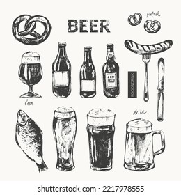 Hand drawn beer bottles, glasses, mugs, beer snack, pretzel, sausage, fish illustration. For drink menu design background.