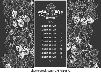 Hand drawn beer design template. Vector brewery illustrations on chalk board. Vintage hop background