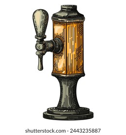 Hand drawn beer dispensing equipment. Alcoholic crane used in bar pub for filling cold frothy drink, cider or lemonade from keg in retro style. Engraved vector illustration.