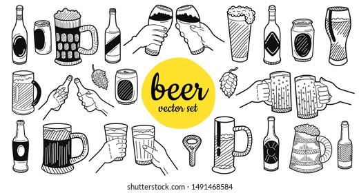 Hand drawn beer elements. Set for menu decoration, websites, banners, presentations, backgrounds, posters, blogs and social networks. Vector illustration.
