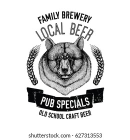 Hand drawn beer emblem with american black bear Template for badge, logo, menu cover, patch