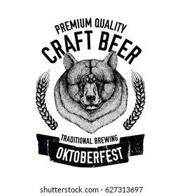 Hand drawn beer emblem with american black bear Template for badge, logo, menu cover, patch