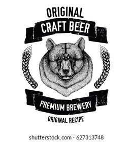 Hand drawn beer emblem with american black bear Template for badge, logo, menu cover, patch