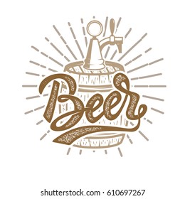 Hand drawn beer emblem. Beer barrel. Design elements for logo, label, sign. Vector illustration