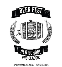 Hand drawn beer emblem with beer barrel Illustration for pub, bar, restaurant