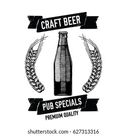 Hand drawn beer emblem with bottle of beer