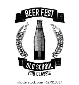 Hand drawn beer emblem with bottle of beer