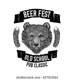 Hand drawn beer emblem with brown bear for logotype, badge, menu cover