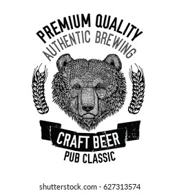 Hand drawn beer emblem with brown bear for logotype, badge, menu cover
