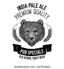 Hand drawn beer emblem with brown bear for logotype, badge, menu cover