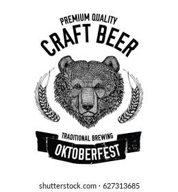 Hand drawn beer emblem with brown bear for logotype, badge, menu cover