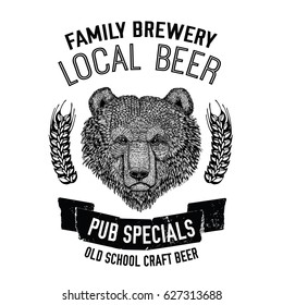 Hand drawn beer emblem with brown bear for logotype, badge, menu cover
