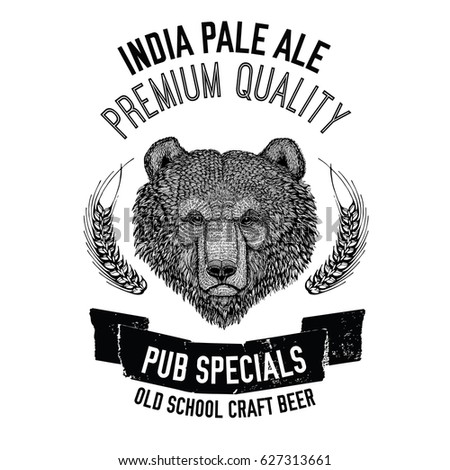 Hand drawn beer emblem with brown bear for logotype, badge, menu cover