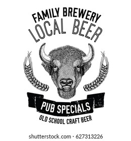 Hand drawn beer emblem with buffalo, ox, bull Vector image