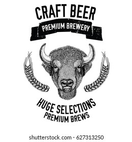 Hand drawn beer emblem with buffalo, ox, bull Vector image