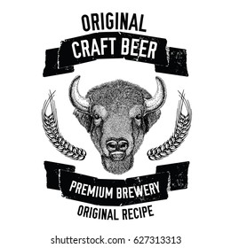 Hand drawn beer emblem with buffalo, ox, bull Vector image