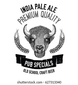 Hand drawn beer emblem with buffalo, ox, bull Vector image