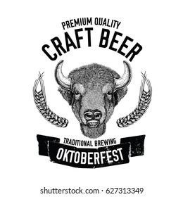 Hand drawn beer emblem with buffalo, ox, bull Vector image