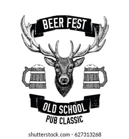 Hand drawn beer emblem with deer Vector label