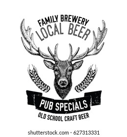 Hand drawn beer emblem with deer Vector label