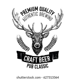 Hand drawn beer emblem with deer Vector label