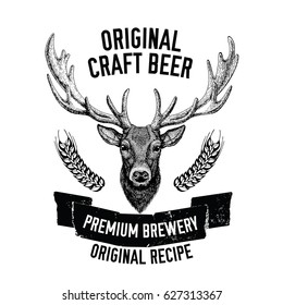Hand drawn beer emblem with deer Vector label