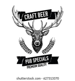 Hand drawn beer emblem with deer Vector label