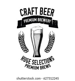 Hand drawn beer emblem with glass full of craft beer, lager, ale, stout Vector image