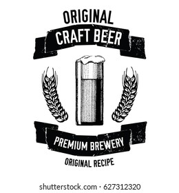 Hand drawn beer emblem with glass full of craft beer, lager, ale, stout Vector image