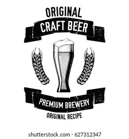 Hand drawn beer emblem with glass full of craft beer, lager, ale, stout Vector image