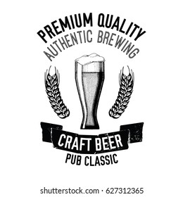 Hand drawn beer emblem with glass full of craft beer, lager, ale, stout Vector image