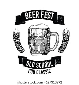 Hand drawn beer emblem with mug full of beer Vector image