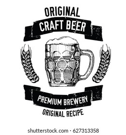 Hand drawn beer emblem with mug full of beer Vector image