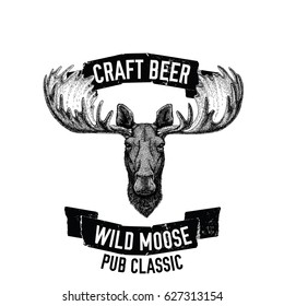 Hand drawn beer emblem with wild moose
