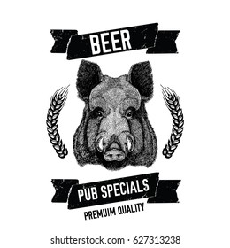 Hand drawn beer emblem with wild hog, boar, pig Template for badge, logo, menu cover, patch