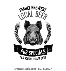 Hand drawn beer emblem with wild hog, boar, pig Template for badge, logo, menu cover, patch